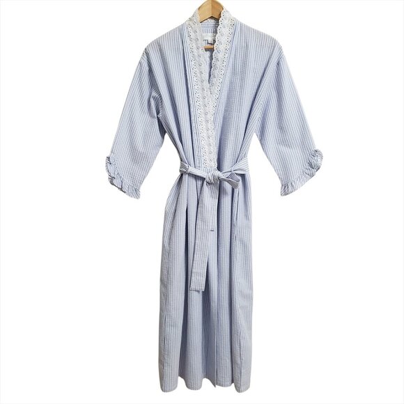 Eileen West Womens Robe S/M Striped Lace Seersucker Pockets Blue White Belted - Picture 1 of 13